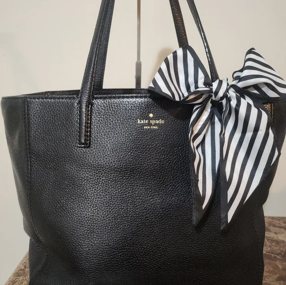Kate Spade Black Pebble Leather Tote with Striped Bow GUC - Picture 9 of 16